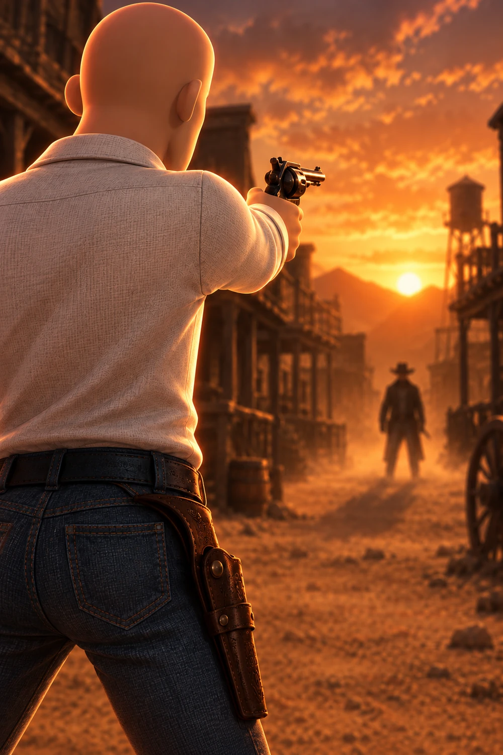 Gunslinger facing his rival in a western duel